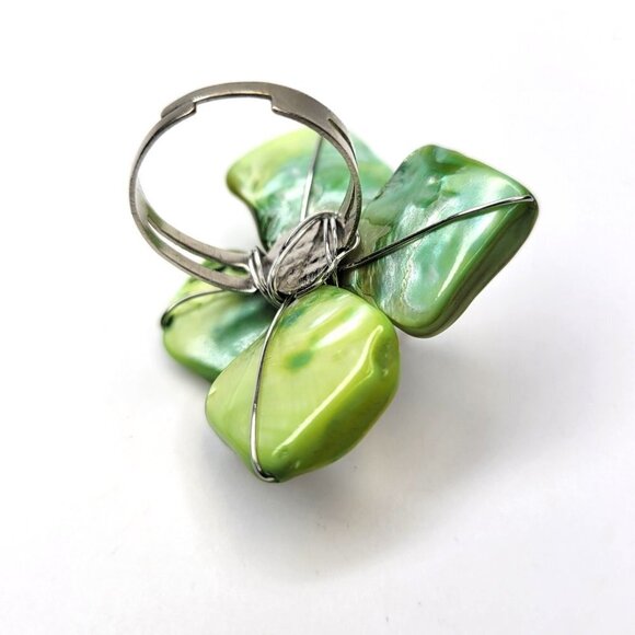 Lime Green Sea Shell Freshwater Pearl Bead Asymmetric Flower Adjustable Ring - Picture 4 of 14